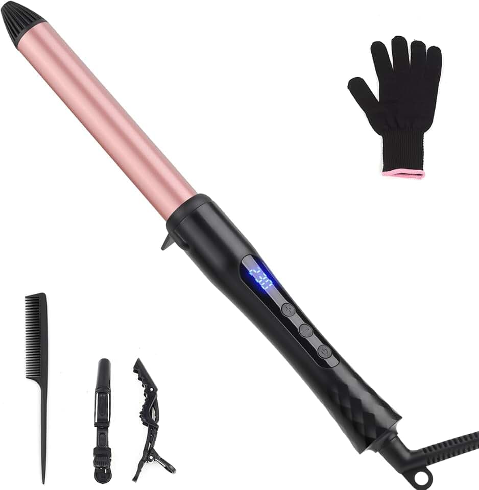 Fer à boucler, 25 mm Boucleur a Cheveux en céramique avec température réglable pour cheveux longs et moyens, double tension professionnel Fers à friser avec gant