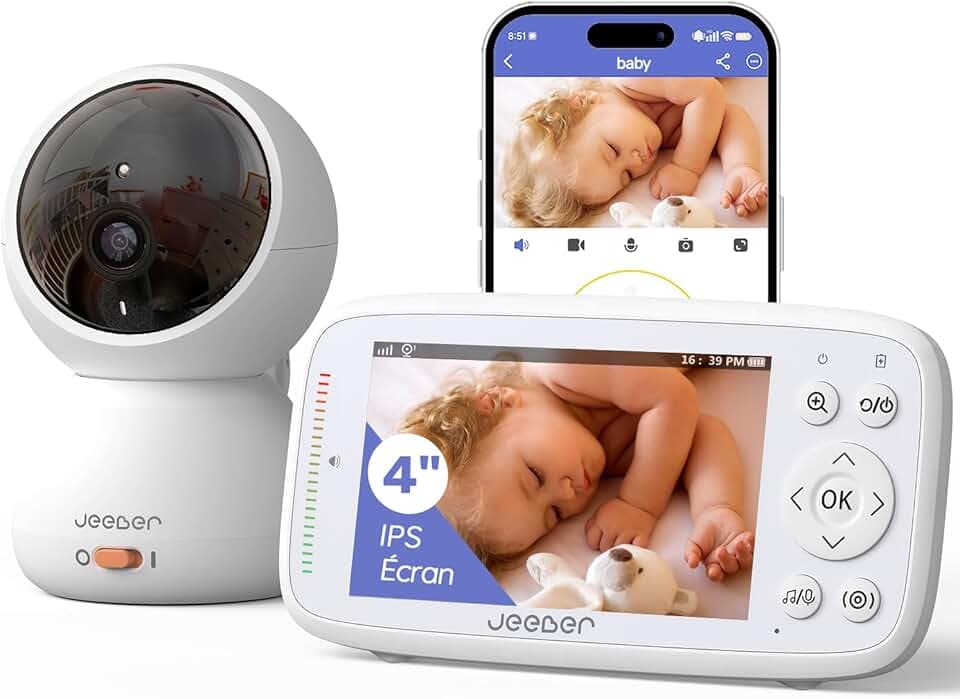 Babyphone Caméra Bébé, 4" IPS Écran, 1080P, 360 Degrés, Vision Nocturne, Communication bidirectionnelle, Température, VOX, 300m Longue Portée Babyphone Connecté Smartphone