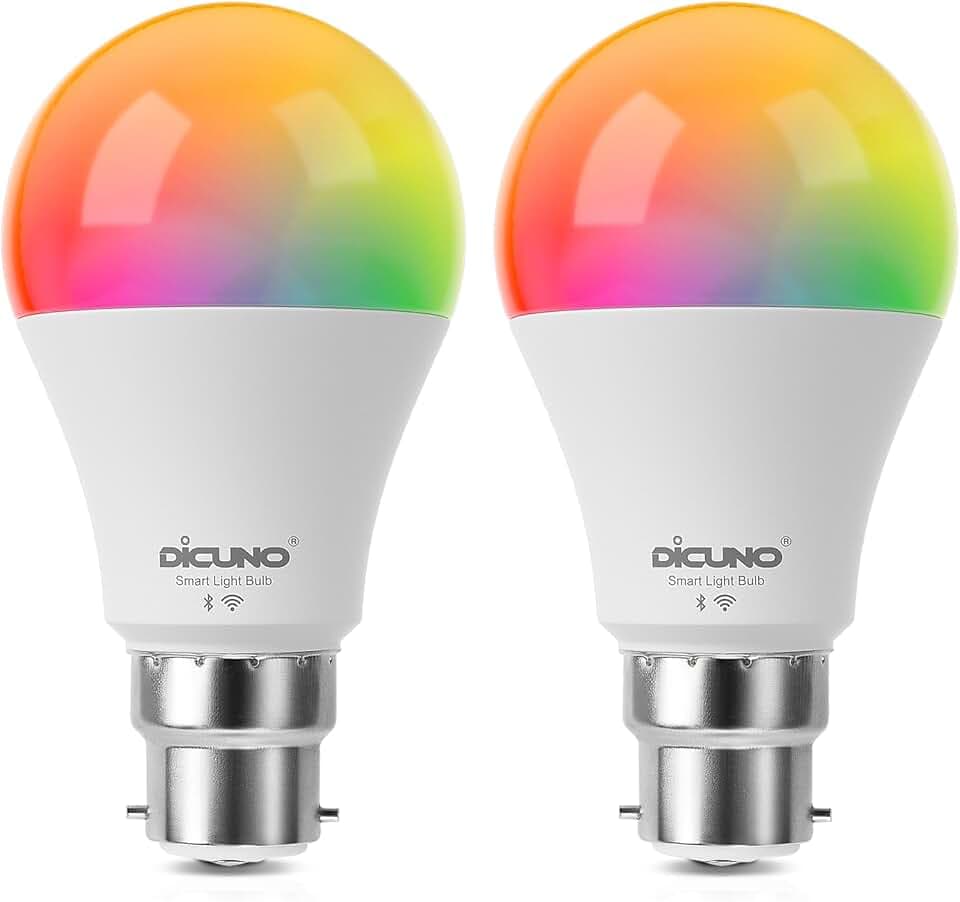 DiCUNO Ampoule Connectée LED, Ampoule WiFi LED Intelligente B22 Compatible avec Alexa et Google Home, Baïonnette 9W Dimmable Multicouleur 2700K-5000K RGBCW, 800LM, Sans Hub Requis, Lot de 2