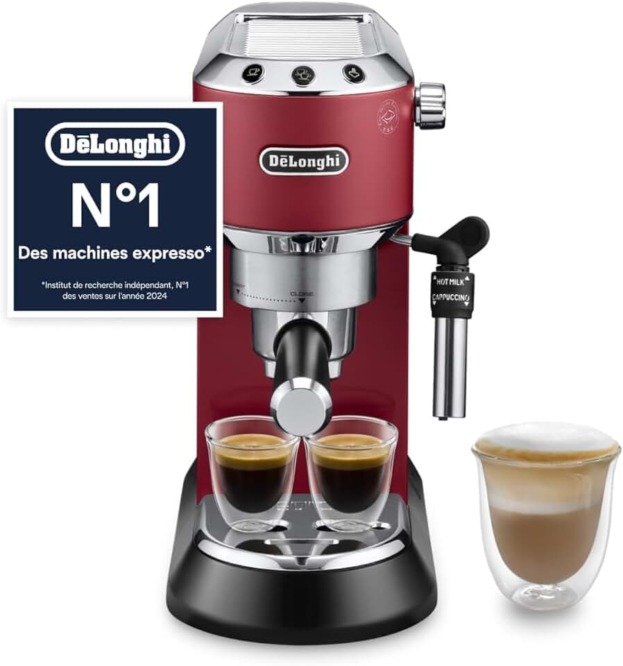 De'Longhi Dedica Style EC685.R, Machine à Café à Pompe en Acier Inoxydable Pour Café Moulu ou Dosettes, Machine à Espresso et Cappuccino, Réservoir de 1,3L, Système Anti-goutte, Rouge