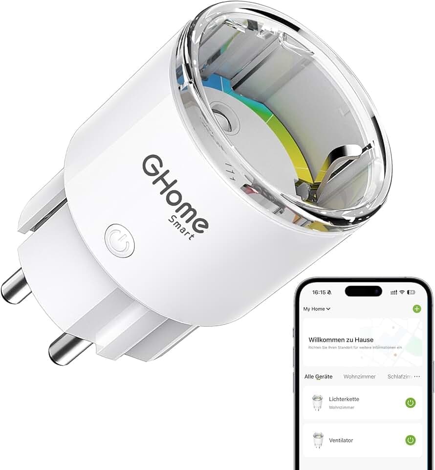 GHome Smart Mini Prise Connectée WiFi, Prise Intelligente Certifié TÜV avec APP Contrôle, Mesure de Consommation Électrique, Plug Programmable avec Alexa et Google Home, Fonction de Temps, 10A