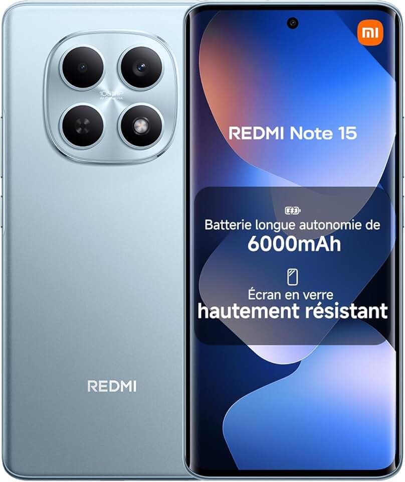 Xiaomi REDMI Note 15, Smartphone 8+256Go, Batterie Longue autonomie 6000mAh, Résistance à l'eau IP64, Appareil Photo Ultra-Net 108 Mpx, Écran FHD+ de 6,77", Bleu, Garantie 2 Ans, Chargeur Non Inclus
