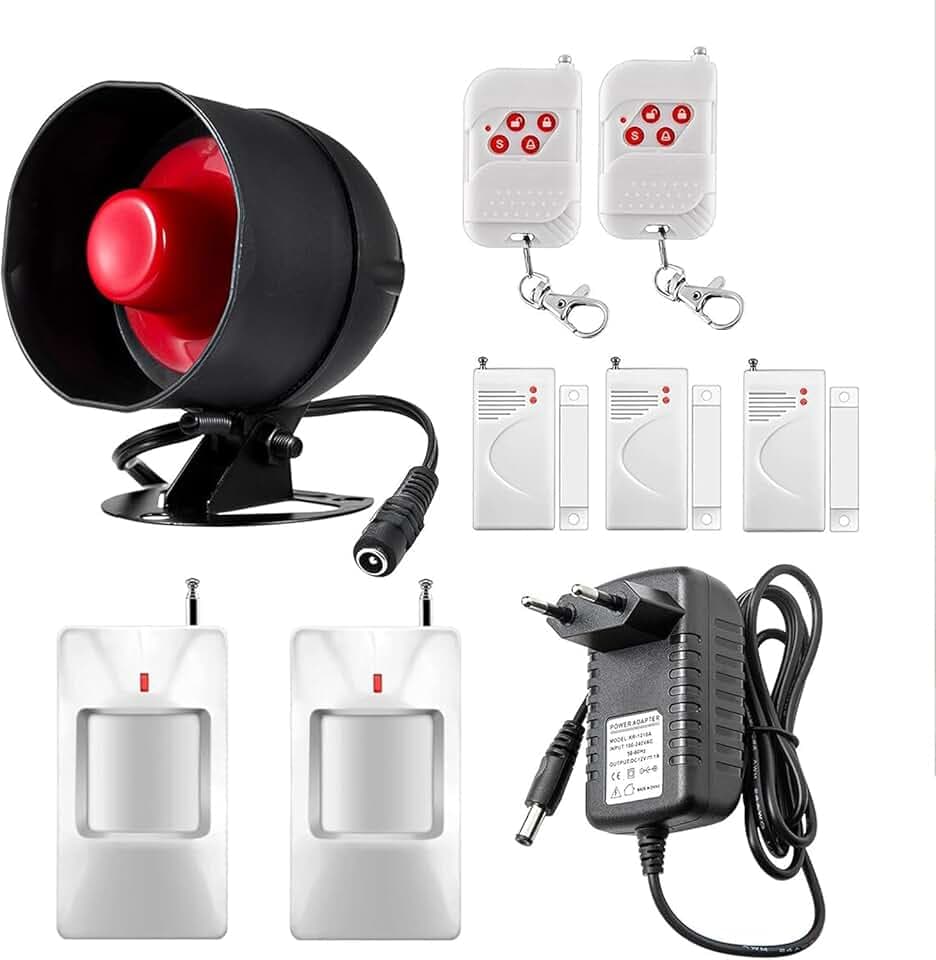 Alarme Maison Kit de Sécurité Ensemble de 9 pièces avec sirène 115 DB, détecteur de Mouvement, capteur de fenêtre de Porte et télécommande, pour entrepôts, magasins, Maison