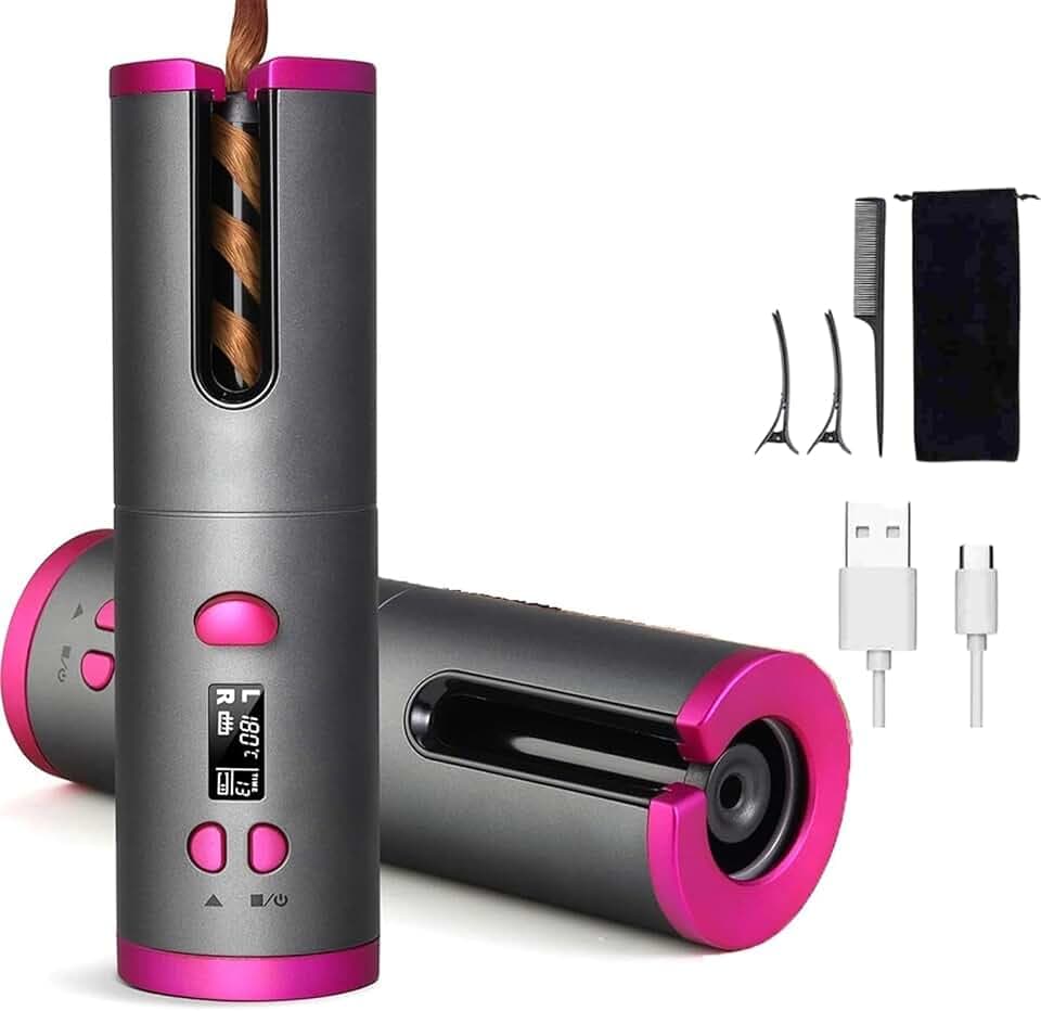 EMEBAY Fer à Friser Automatique Sans Fil, Boucleur à Cheveux Batterie Rechargeable 4000mAh, Bigoudi Anti-Brûlures avec Minuterie, Fer à Boucler Portable 6 Température Cheveux Longs et Courts