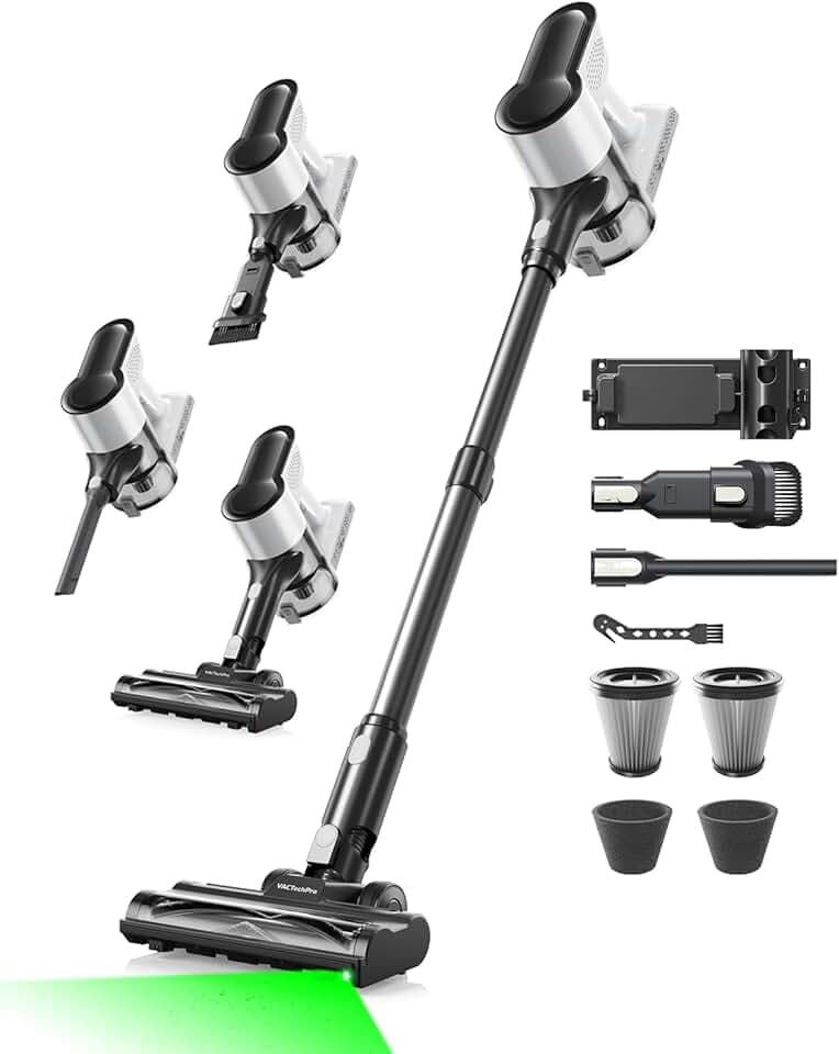 VACTechPro F02 Lite Aspirateur Balai sans Fil, 550 W/50 Min/50 KPa, avec Filtration 8 Couches, pour Sols, Tapis et Cheveux, Noir et Blanc