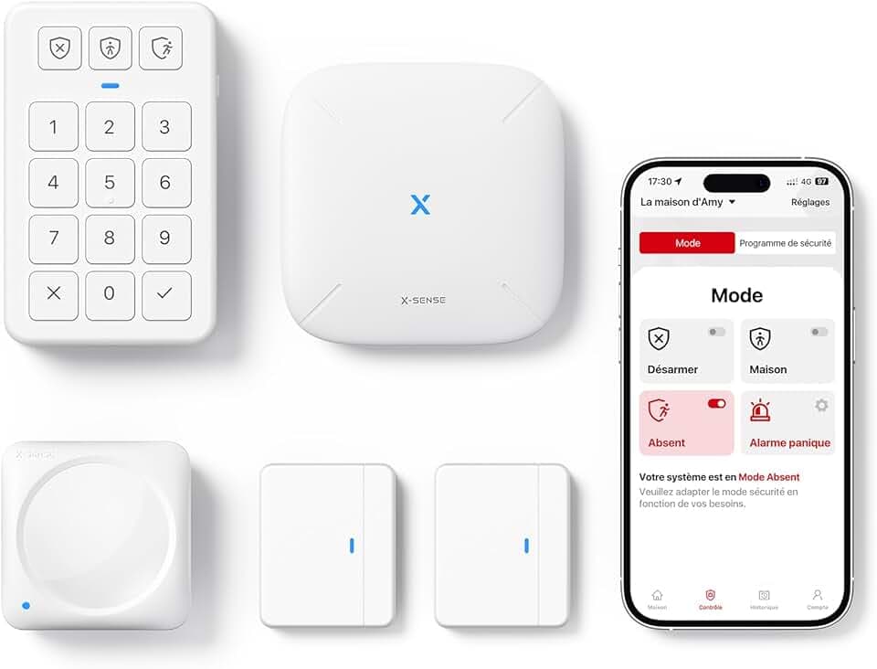 X-Sense Kit de Sécurité pour la Maison, Alarme sans Fil Compatible avec Alexa et Application pour Alertes en Temps Réel, Station de Base, Capteurs de Porte, Détecteur de Mouvement, Clavier, AS05