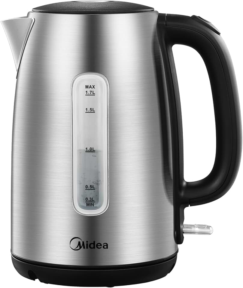 Midea Bouilloire MK-17S30A2 en Acier Inoxydable 1,7L, Sans BPA, Chauffage Rapide 2200W, Poignée Isolée avec Indicateur de Niveau d’Eau, Affichage LED et Protection Anti-surchauffe