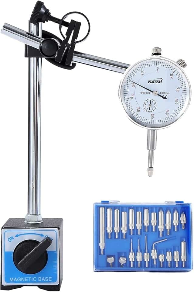 KATSU Indicateur de Test Cadran Jauge avec Base Magnétique, 0-10mm 0,01mm Précision Métrique Testeur de Bras Réglable Outil de Mesure Ensemble de 22 Points Indicateurs Inclus
