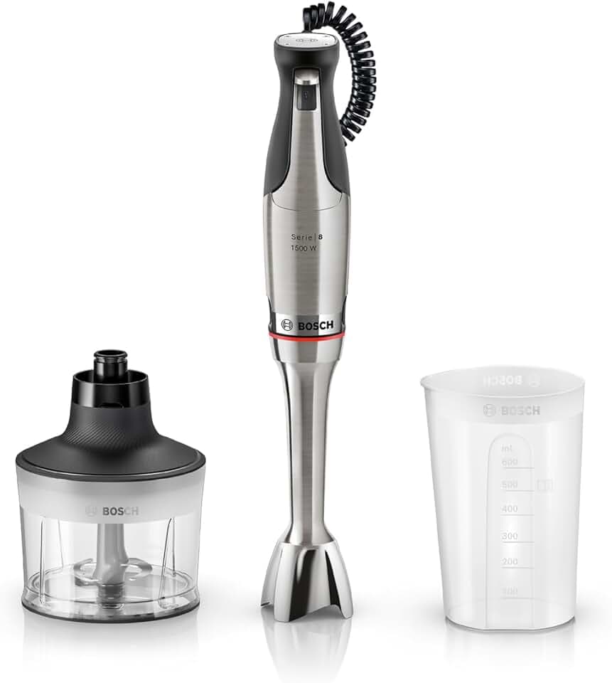 Bosch, mixeur plongeant, ErgoMaster Série 8, moteur 1500 W, réglage de vitesse intuitif, 6 lames, accessoires inclus, acier inoxydable, MSM8M930