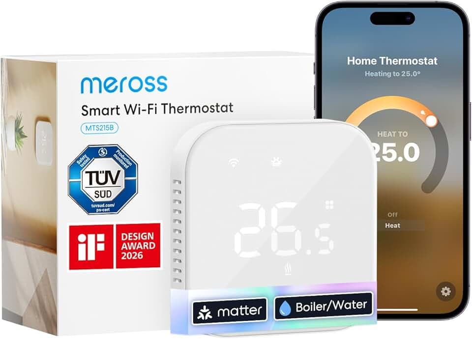 Meross Thermostat Connecté Matter, Thermostat WiFi pour Chaudière Gaz/Chauffage au Sol à Eau, Compatible avec Apple Home, Alexa et Google Home, Capteur Externe, Détection de Fenêtre Ouverte Certifié ClimatePartner