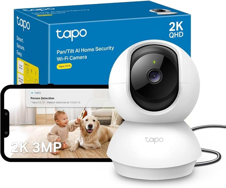 Tapo C210 Caméra WiFi Intérieure 2K 3MP, Rotation 360°, Détection de Personne&Pleurs de Bébé, Vision Nocturne, Audio Bidirectionnel, Stockage CloudµSD 512 Go, Alexa et Google Assistant Certifié ClimatePartner
