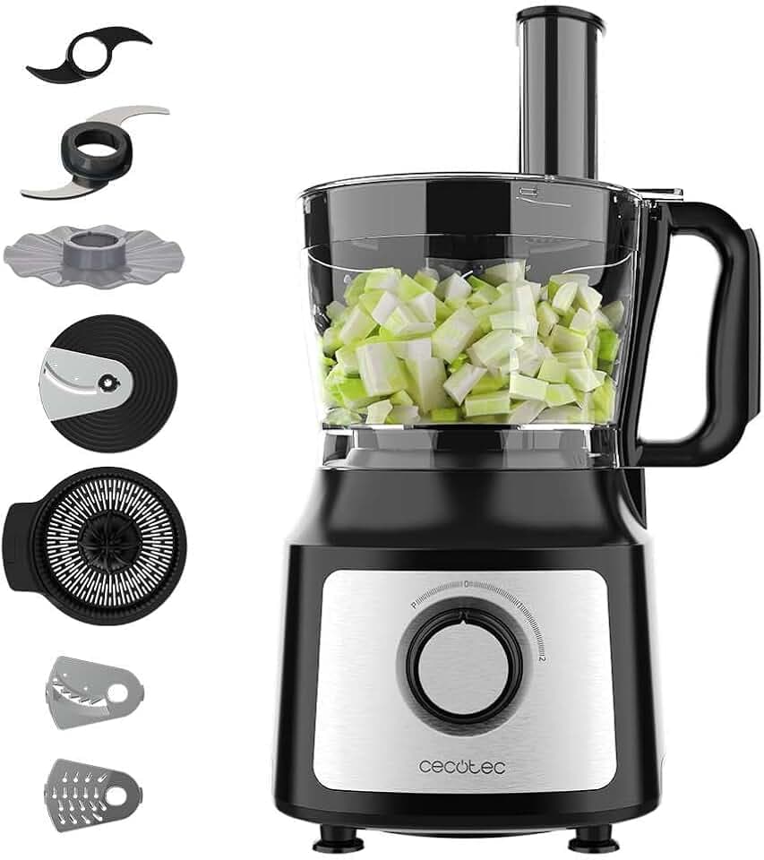 Cecotec Robot Culinaire Comino 1000. 1000 W, 2 Vitesses et Pulse, Bol de 2 L et Pichet de 1,8 L, 3 Disques de Coupe, Lame pour Hacher, Lame pour Pétrir, Presse-Agrumes et Disque pour Crèmes