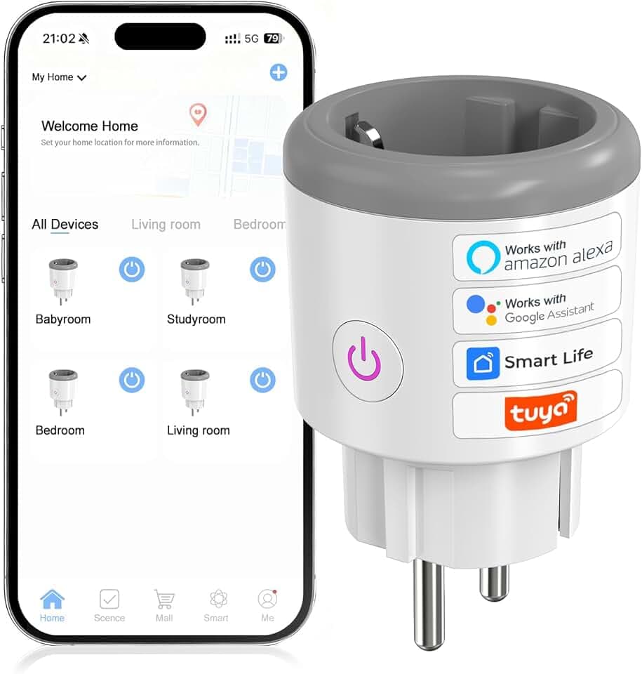 Prise Connectée (Type F) 16A WiFi Intelligente avec Suivi de consommation Télécommande Commande Vocale Fonction de Temps 2,4 GHz Prise Intelligente Compatible avec Alexa et Google Home