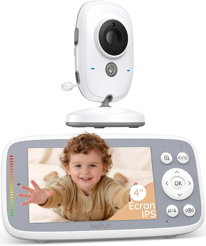 Boifun Babyphone Camera Bebe Surveillance sans WiFi, Vision Nocturne Infrarouge Invisible,4 Pouces, HD 720P, Interphone Bidirectionnel, Berceuses, Détecteur Température/Son, Zoom 3x, Rappel de Biberon