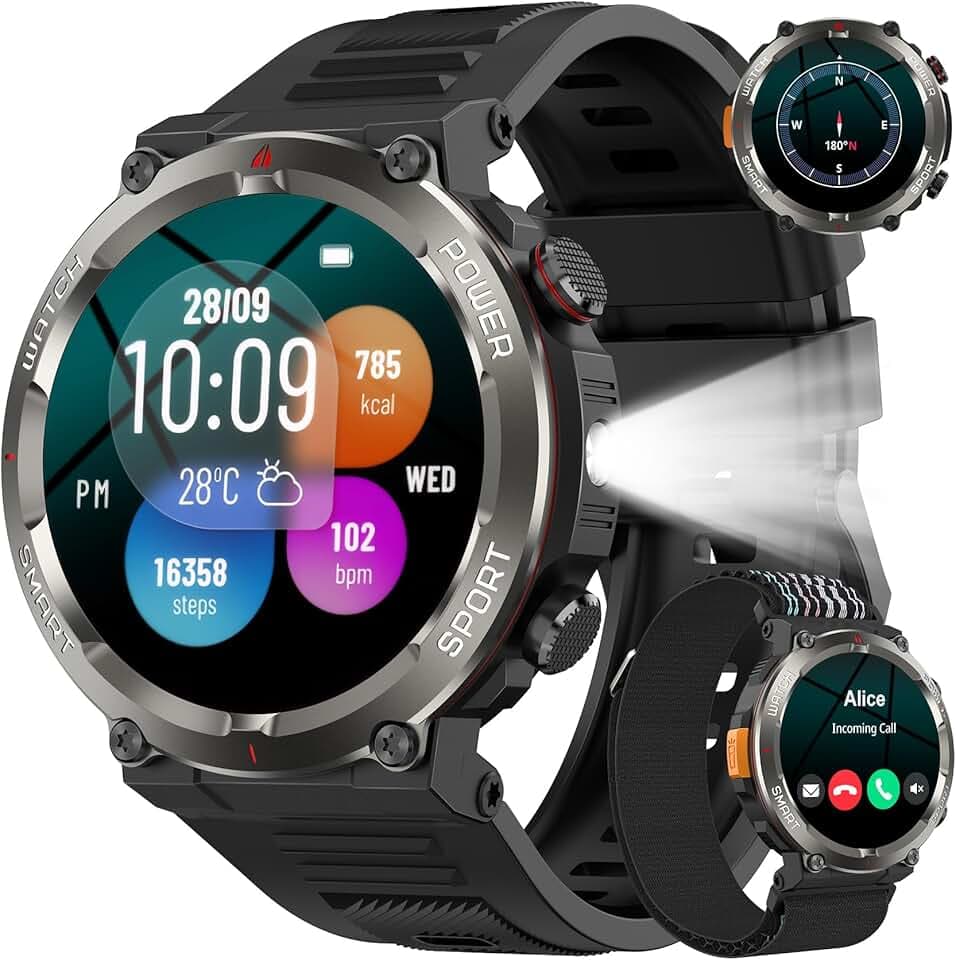 Montre Connectée Homme, Militaire Smartwatch Appels Bluetooth, Torche LED, Batterie 960mAh, 1.45'' HD, Fréquence Cardiaque, Sommeil, SpO2,120+ Modes Sportifs, Étanche IP68, 2 Sangles, Android iOS