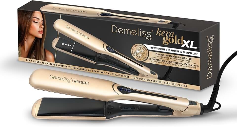 Demeliss Saint Algue Lisseur Kera-GOLD XL - Plaques Larges Kératine - 14 Températures - Écran Digital - Cordon Rotatif 360° - Lissage Professionnel - Adapté à Tous Cheveux - Écran Digital