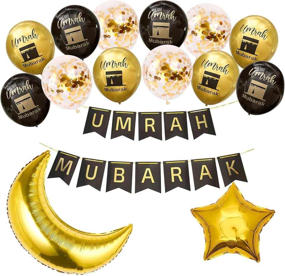 Twinsun Twinsun Lot de 18 décorations Umrah Mubarak, bannière et ballons pour occasion Umrah, doré et noir