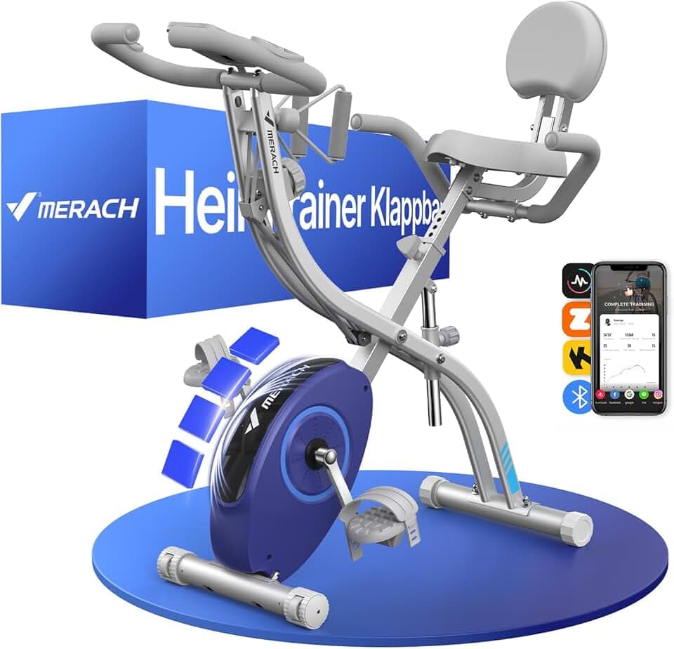 MERACH Velo D Appartement Silencieux avec App Entraînement, 4 en 1 Vélo D’Appartement Pliable avec Résistance Magnétique 16 Niveaux, Écran LCD, Mesure du Pouls, Bande de Résistance, Selle Confortable Recycled Claim Standard 100