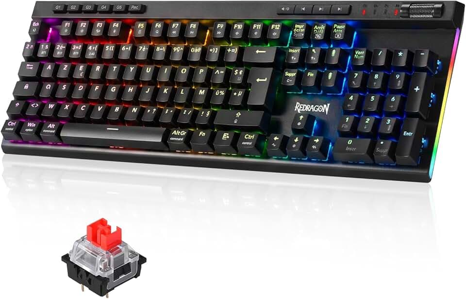 Redragon K580 Pro Clavier Gaming 100% mécanique sans Fil 3 Modes, rétroéclairage RGB, Hot‑Swap, Commandes multimédias, Macro embarqué, switchs linéaires Rouges, Disposition AZERTY française