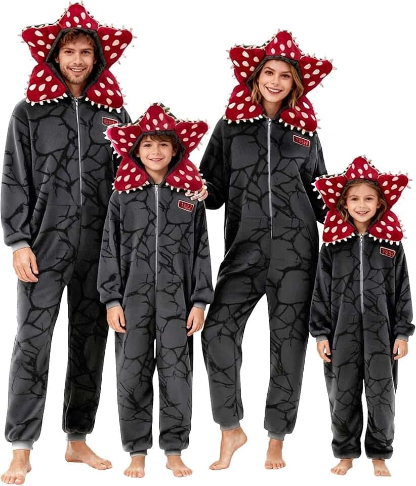 Générique Pyjama D-Demogorgons Combinaison Unisexe Famille Pyjama Hooded de Déguisement Fleurs D-Demogorgons Onesie avec Capuche Parfait pour Cosplay et d'autres Occasions