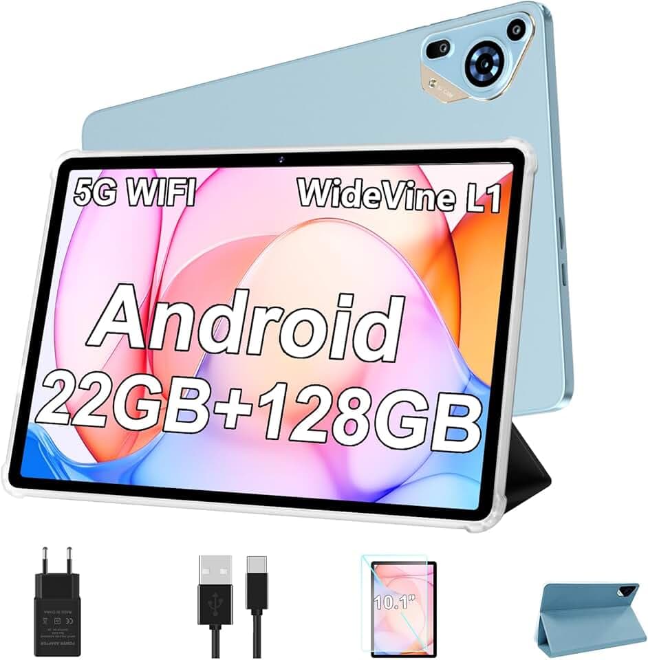 Tablette 10 Pouces Android avec 22Go RAM + 128Go ROM (Extensible jusqu'à 1To), Octa-Core, 8000mAh, Widevine L1, WiFi, GPS, BT 5.0, Corps métallique, Tablette Tactile avec étui de protection, Bleu