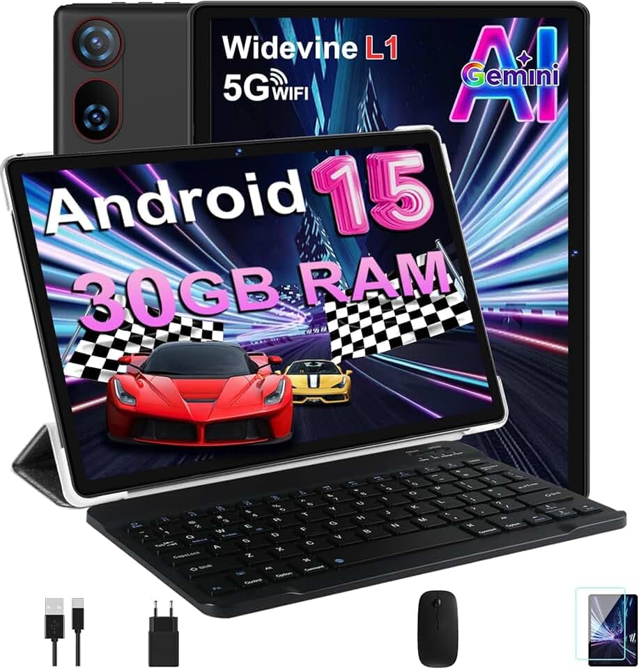 DMOAO Tablette 10 Pouces Android 15 avec 30 Go RAM + 2 to ROM Expansion, Widevine L1, 5G Wi-FI, Gemeni AI, 8 cœurs, GPS, 2 en 1 FHD Tablette Tactile avec Clavier et Souris, Noir