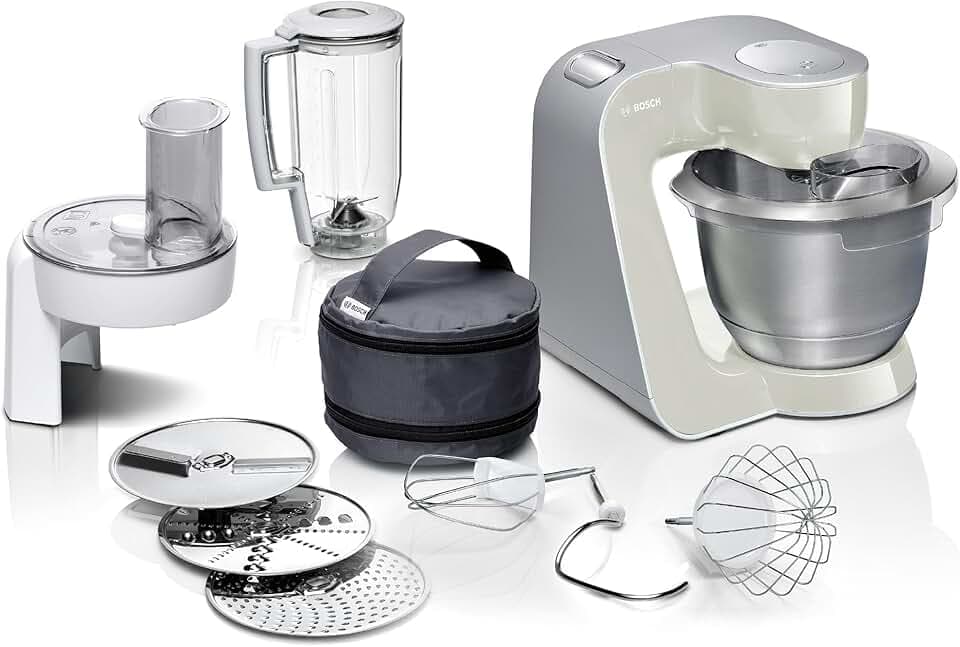 Bosch MUM58L20 Robot pâtissier – Machine puissante 1000 W pour cuisine et pâtisserie – 7 vitesses + turbo – Bol en acier inoxydable 3,9 L – Avec accessoires – Couleur gris minéral/argent