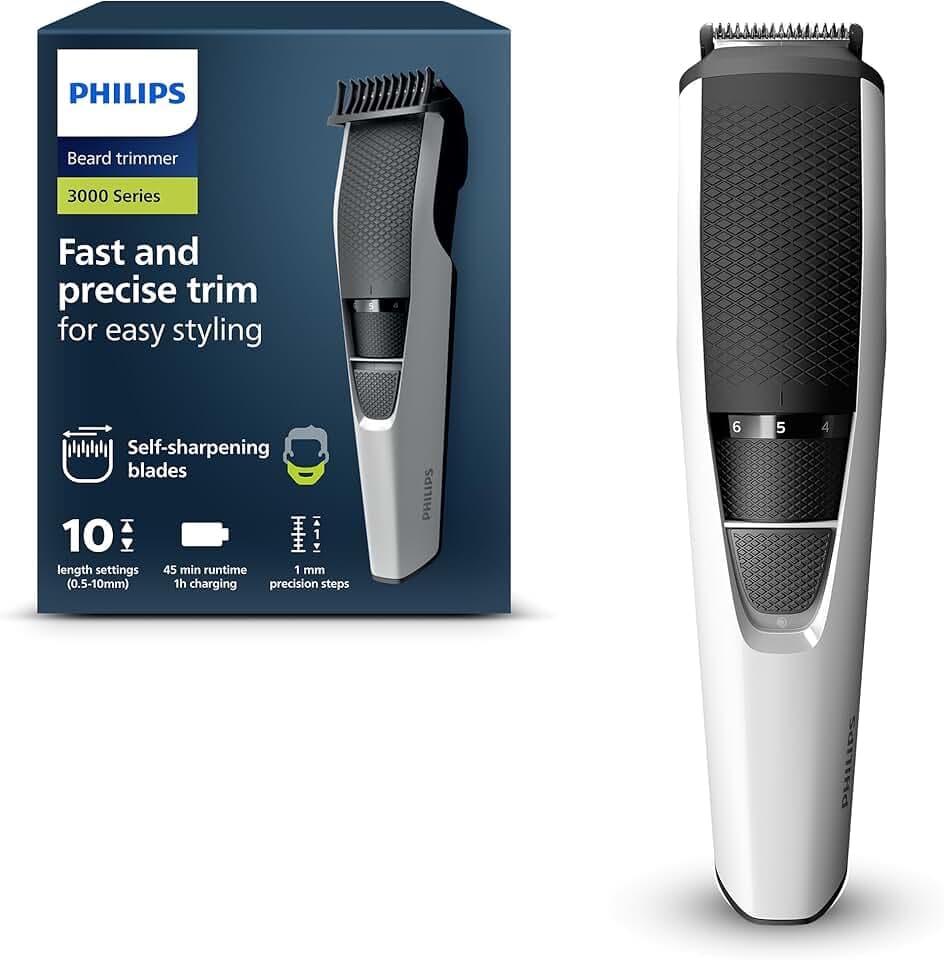 Philips Tonde-barbe série 3000, tondeuse électrique pour hommes, lames auto-affûtantes, système de levage et de finition, réglages de 10 longueurs, 45 min. durée de fonctionnement, modèle BT3206/14