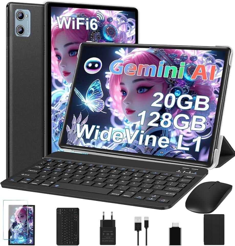 Tablette Android AI Tablette 10 Pouces avec 20Go RAM+128Go ROM(TF/2To),Octa-Core, WiFi 6, 5G+2.4G WiFi, BT 5.0, GMS Certified, Widevine L1, Tablette Tactile 2 en 1 avec Clavier Souris et Cas -Noir