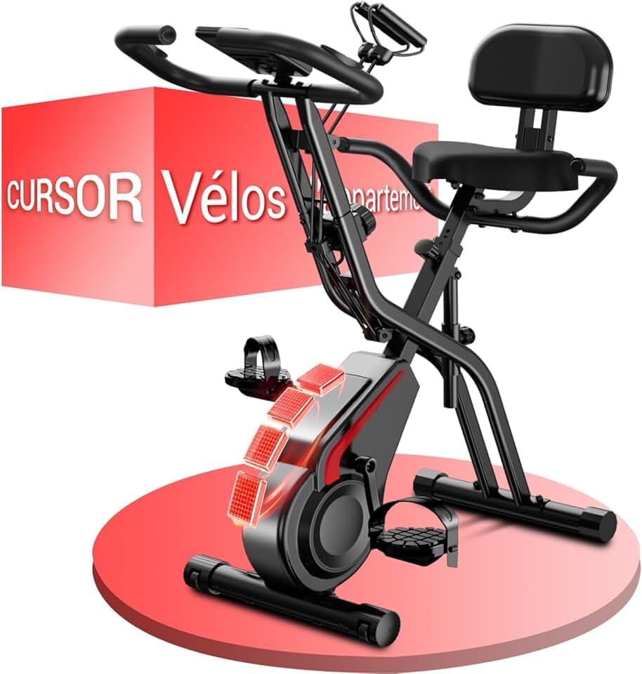 CURSOR velo d appartement pliable, 5-en-1 velo appartement pliable, équipé d'une résistance silencieuse à 16 niveaux. vélos d'appartement avec surveillance de la fréquence cardiaque et écran LED
