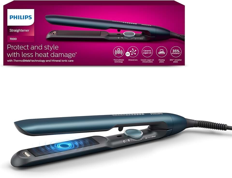 Philips 7000 Series - Lisseur, technologie ThermoShield, ionique, plaques avec revêtement céramique infusé à l'huile d'argan, bleu canard métallisé, modèle BHS732/00