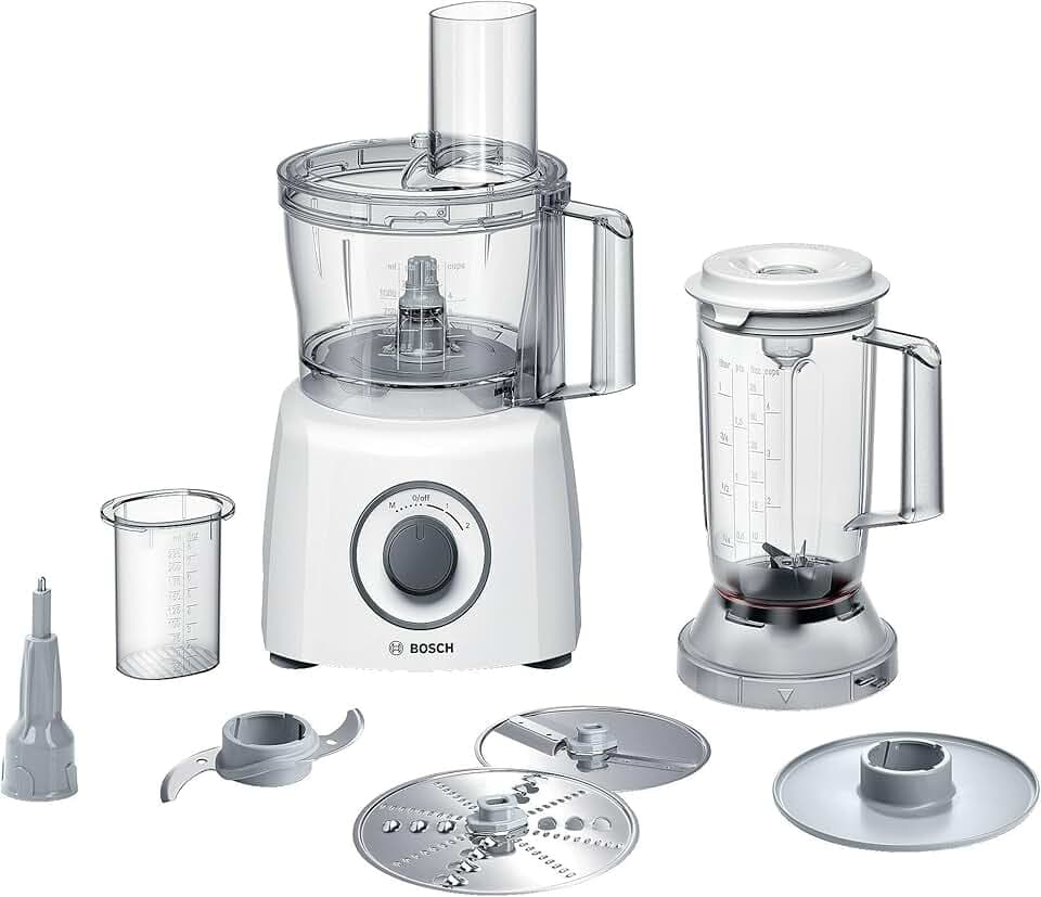 Bosch MCM3200W Robot de Cuisine MultiTalent 3, 800 W, 2.3 litres, 2 vitesses + fonction pulse, Blanc/Gris