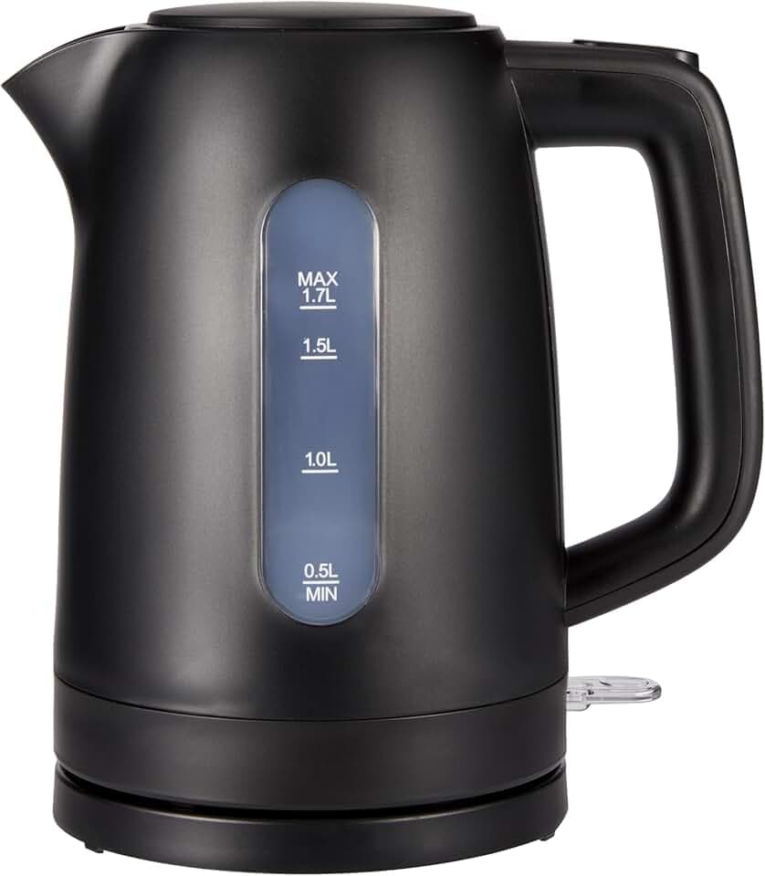 Amazon Basics Bouilloire Électrique 1,7L, 2200 W, Sans BPA avec Base 360°, Arrêt Automatique et Filtre Anti-Calcaire Amovible, Noir Mat