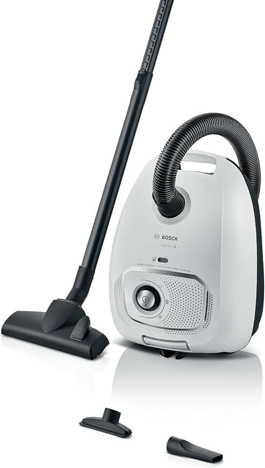 Bosch, Série 4, aspirateur avec Sac, Rayon d'action de 11 m, Sac à poussière XL, suceur pour Tissus d'ameublement, suceur Plat, Compartiment à Accessoires intégré, Blanc, BGB41WH1