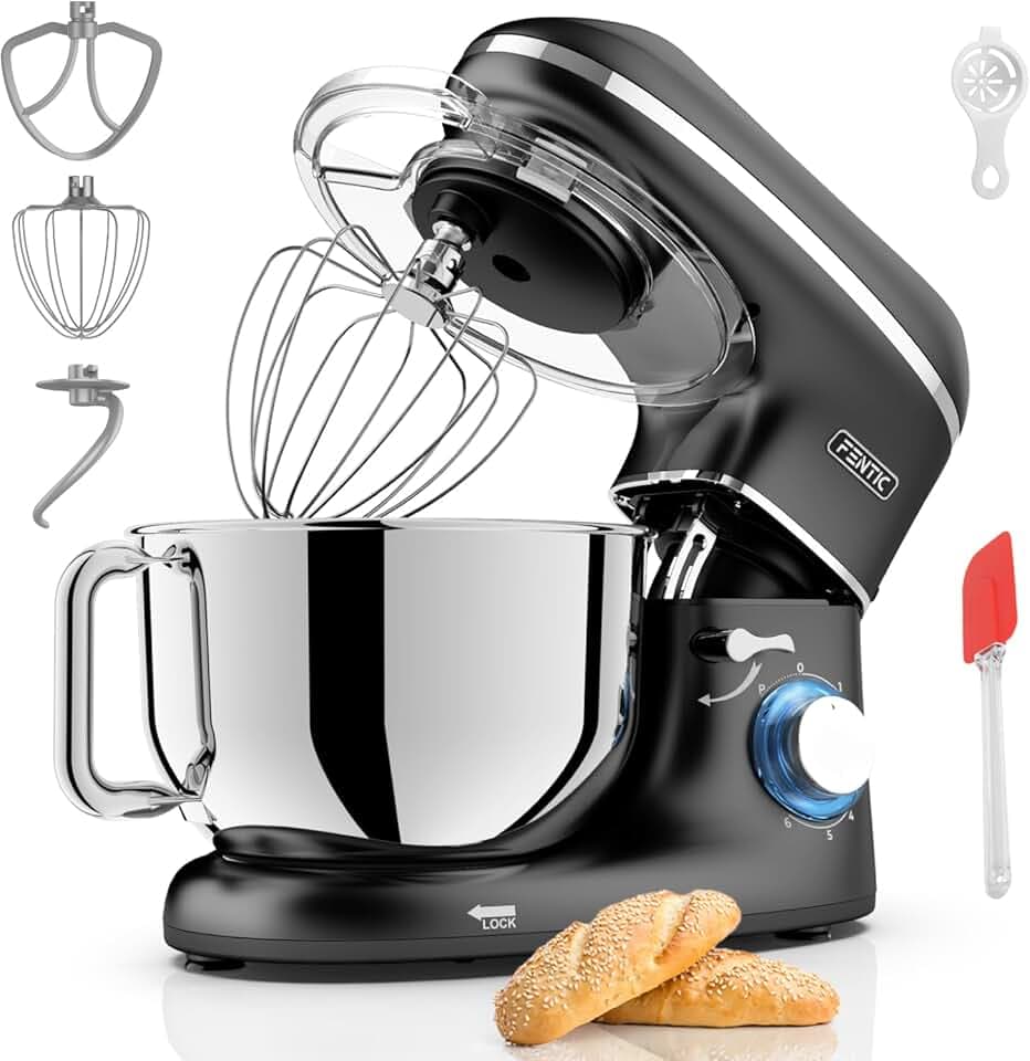 Robot Pâtissier – 2000W – Bol mélangeur en acier inoxydable (6,2L) – Avec fouet, Crochet pétrisseur et Batteur plat – Incl. et accessoires supplémentaires (Noir)
