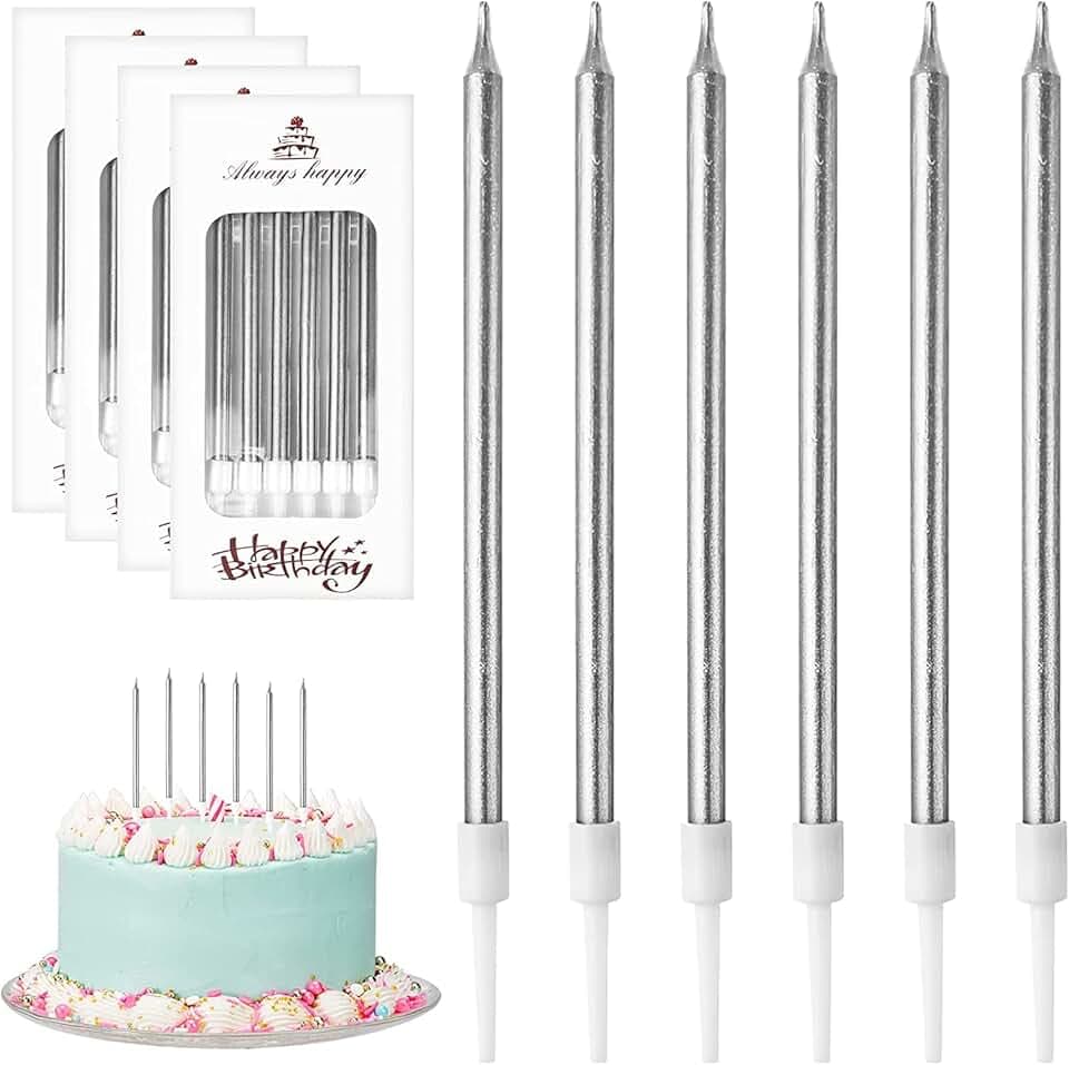 DONQL DONQL Bougies d'anniversaire fines et longues, 24 pièces argentées, pour gâteau d'anniversaire, fête prénatale, mariage et autres occasions spéciales