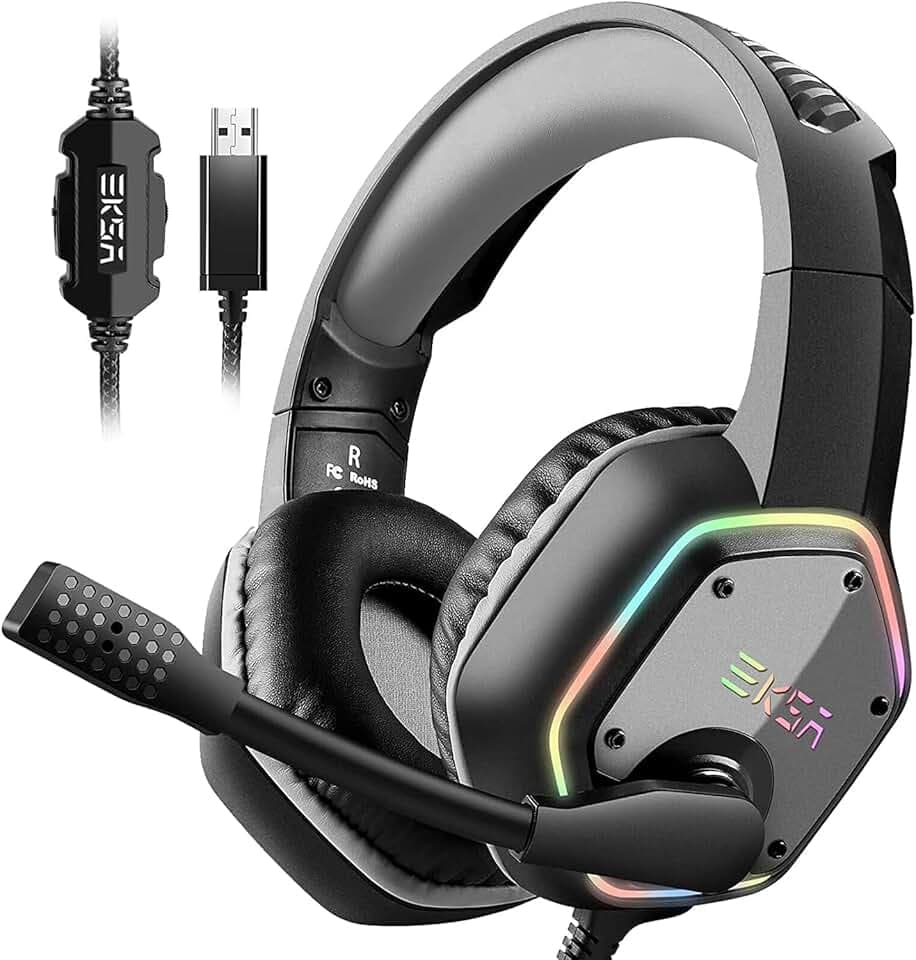 EKSA Casque Gaming, Casque Gamer USB avec Son Surround 7.1, Casque ps4 avec Micro Antibruit et Lumière RVB, Casque Audio pour PC/PS4/PS5/Laptop