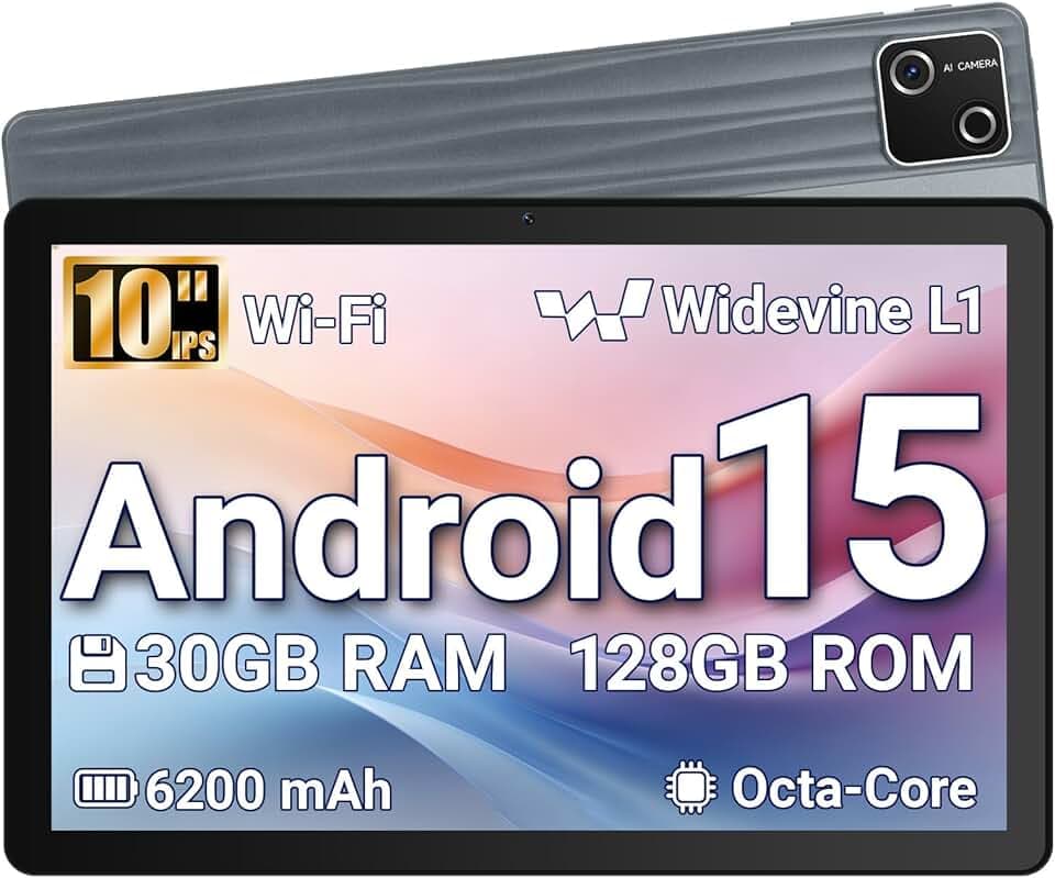 Tablette 10 Pouces Android 15 certifiée GMS, 30Go RAM + 128Go ROM (2To TF), Octa-Core, 6200mAh, HD 1280x800, WiFi 6, BT 5.3, Widevine L1, 5MP+8MP, Tablet PC, Gris – 2026