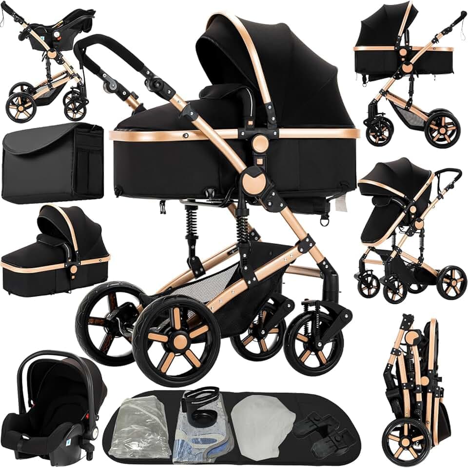 Poussette 3 en 1, Poussette Bebe avec Réversible Deux Façons de Pousser, Pousette Cadre Aluminium Haute Paysage, Pousette 3 en 1 avec Conception Pliable Un Clic (588 Black Gold)