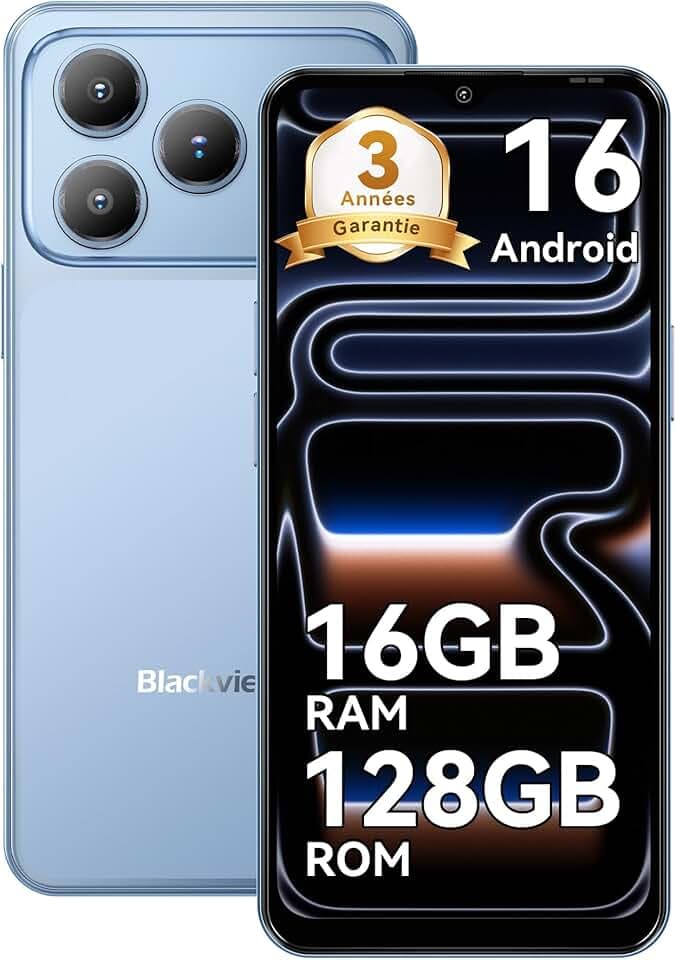Blackview Wave 7C Telephone Portable Android 16 Smartphones, 16Go+128Go/2To, 32MP+13MP, 5000mAh, 6.56" Smartphon Pas Cher 4G Dual SIM, Téléphone WiFi 5G/GPS/IP54/3 Card Slots/3.5mm/FM/3Ans Garantie