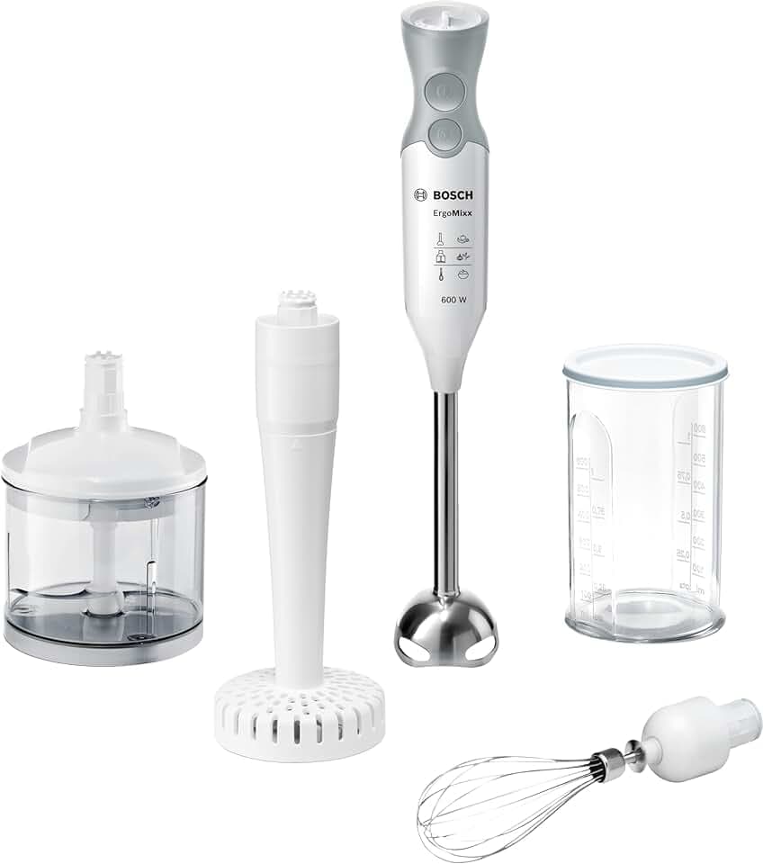 Bosch MSM66155 ErgoMixx Mixeur-Plongeant - Mixeur à main 600 W- 12 vitesses - Système anti-éclaboussures - Poignée ergonomique, Blanc/Gris
