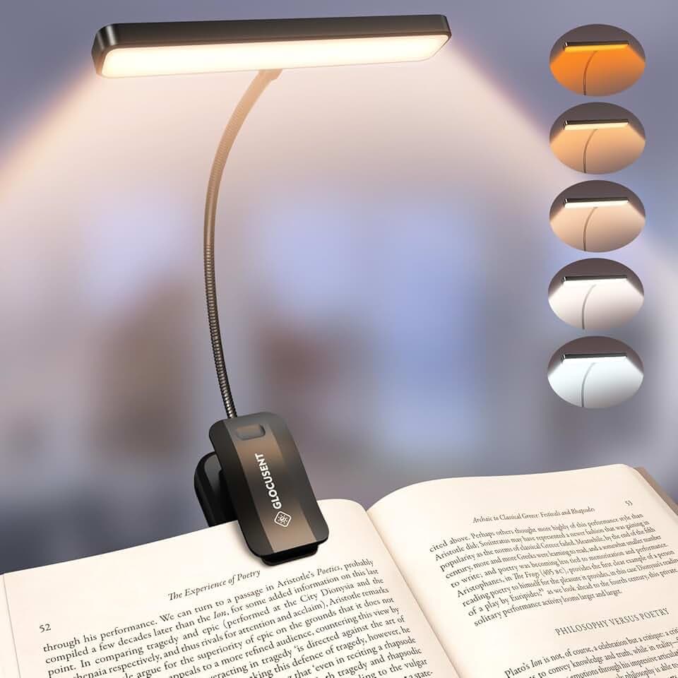 Glocusent Lampe de Lecture 26 LED, Liseuse Lampe de Lecture Clip Rechargeable USB-C, 5 Luminosités & 5 Couleurs, 360° Cou Flexible, Longue Durée,Léger & Portable pour Lire au Lit Certifié ClimatePartner