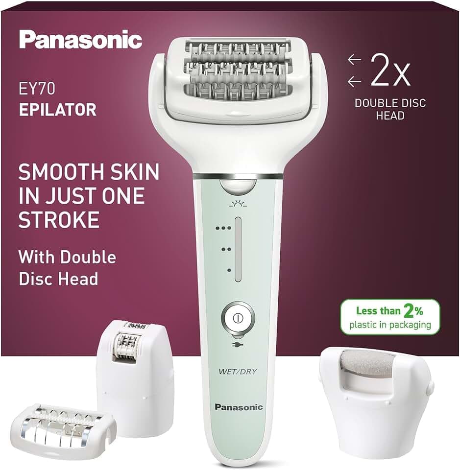 Panasonic ES-EY70-G503 Épilateur Wet et Dry, Double Disque 60 Pinces, Tête Flexible Pivotante 90°, 3 Vitesses et LED, 30 Minutes d'Autonomie, sans Fil, Épilateur, Tête de Soin des Pieds, Vert