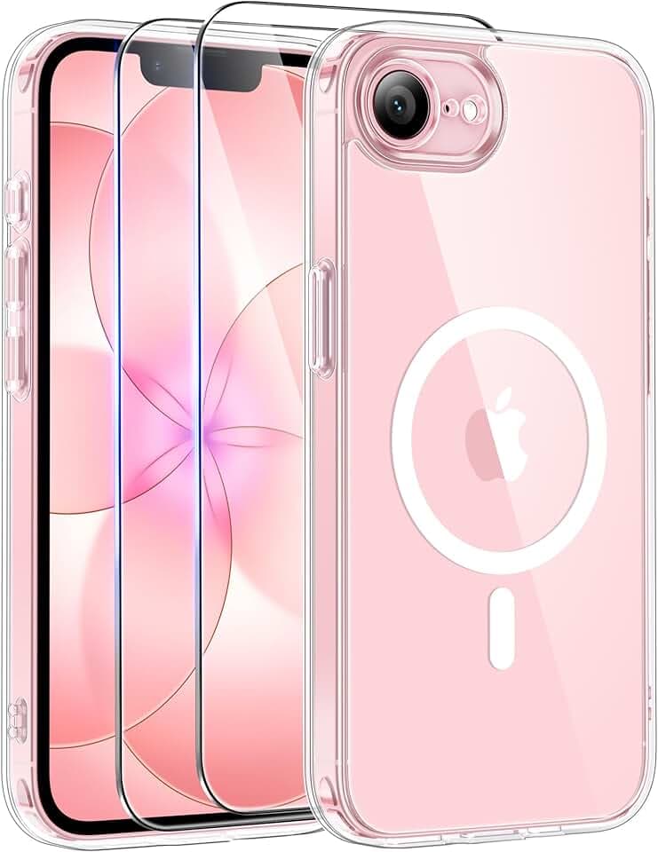 Qasyfanc Coque Magnétique pour iPhone 17e/iPhone 16e Compatible avec MagSafe avec 2 Verre trempé Protection écran, Anti-Jaune Antichoc Caméra Protecteur pour iPhone 17e/iPhone 16e-Transparente