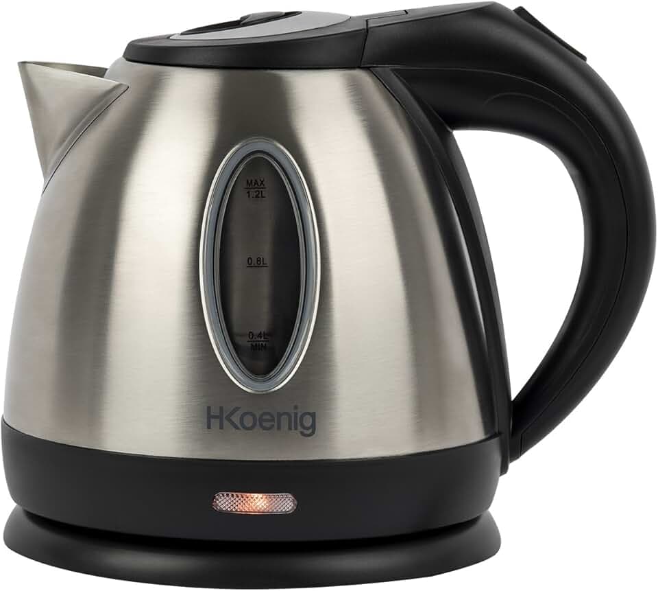 H.Koenig Bouilloire électrique BO12 1,2L Inox compacte pratique 1630 W, Verre gradué avec Niveau d'Eau Visible, Ebullition Chauffage Rapide, Lavable, Témoin lumineux, Socle 360°