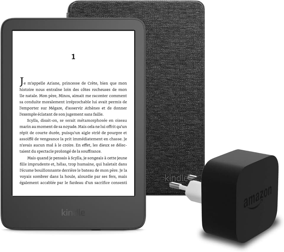 Le nouveau Kindle (version 2024) 16 GB sans publicité, une housse en tissu Amazon et un adaptateur secteur Amazon Powerfast 9 W.
