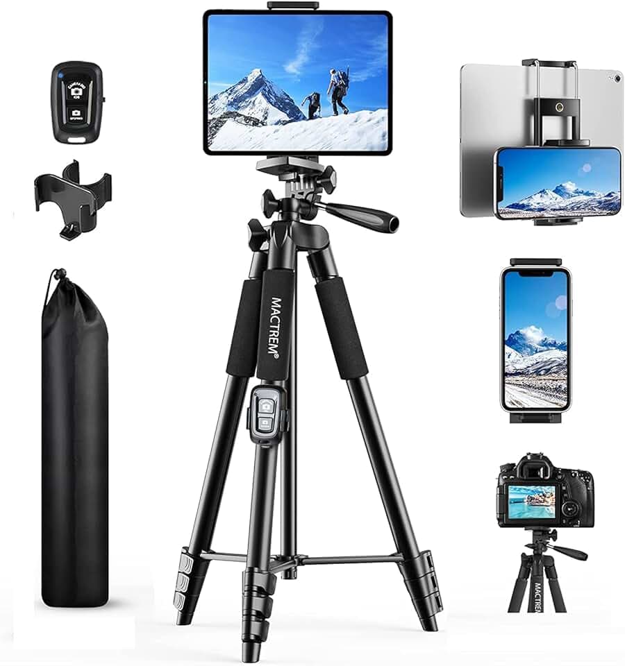 MACTREM 165 cm Trepied Smartphone Alliage Aluminium Léger, Trepied Appareil Photo avec Télécommande sans Fil, Trepied iPhone Sac Transport Inclus, Idéal pour Voyage, Youtube, Selfie, TikTok Certifié ClimatePartner
