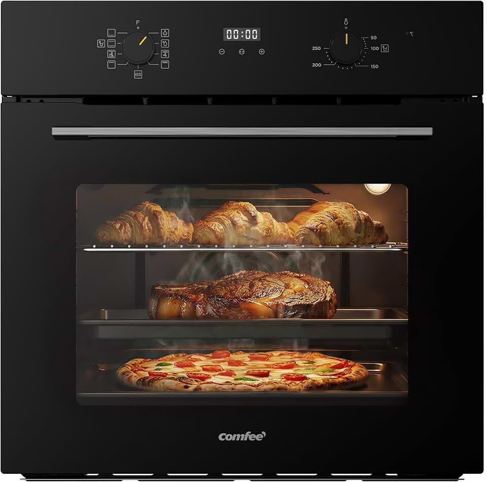 Comfee Four Encastrable Électrique 60 cm, 70 L, 3 kW, chaleur tournante, gril, fonction pizza, nettoyage vapeur AquaClean, afficheur LED avec minuteur, mode ECO, noir