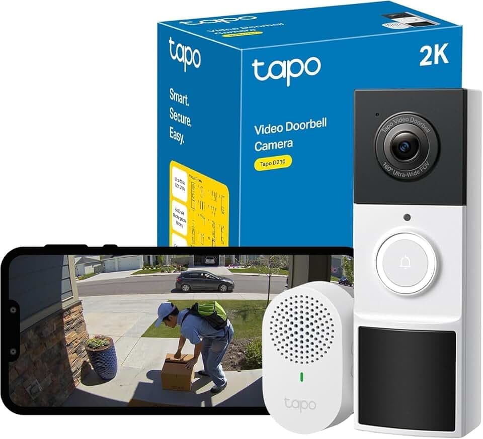 Tapo D210 Sonnette sans Fil avec caméra Exterieur 2K 3MP, IP65 étanche, Ultra Grand Angle 160°, Vision Nocturne en Couleur, Détection Humaine AI Gratuite, Audio Bidirectionnel, Installation Facile