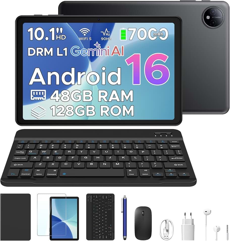 P10 Tablette 10 Pouces, 48Go+128Go, Tablette Android 16 avec Gemini AI, 7000mAh, Quadri-Coeur Unisoc T310, 90Hz, 8MP+5MP, Dual Speakers, Headphone, Tablette avec Clavier, Stylet, Cas-Noir